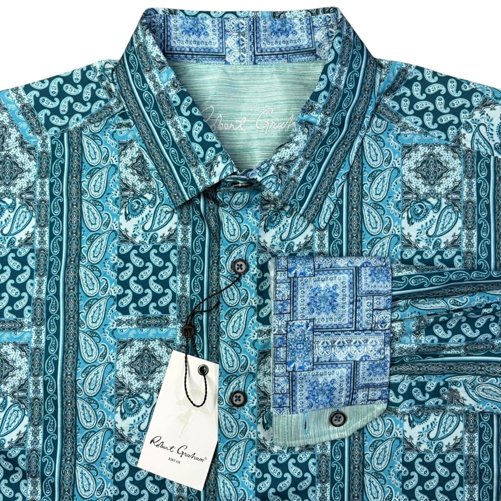 Robert Graham Kedron Long Sleeve Shirt Mens Large‎ Teal Blue Paisley NWT